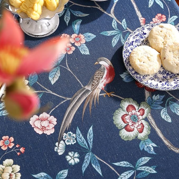 patdrea Designer Dark Blue Linen Round Tablecloth,Vintage Navy French Floral and Birds Pattern Table Cloth,Decoration Table Cover for Kitchen,Dining,Tea Party,Home,Christmas,Diameter 67"