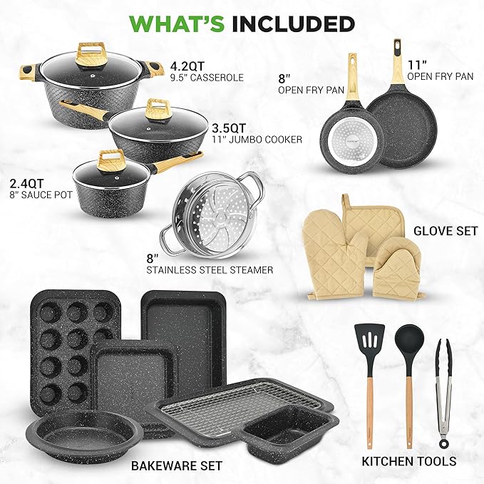 NutriChef 22‑Piece Non‑Stick Ceramic Pots and Pans Set – For All Cooktops Including Induction – PTFE & PFAS Free, Includes Bakeware & Utensils