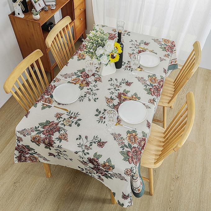 Dimatic Cotton and Linen Rectangular Tablecloth with Botanical Elements for Desks, Dining Tables, Home Table Cloths, Party and Holiday Decorations, Red 55 x 118 Inches