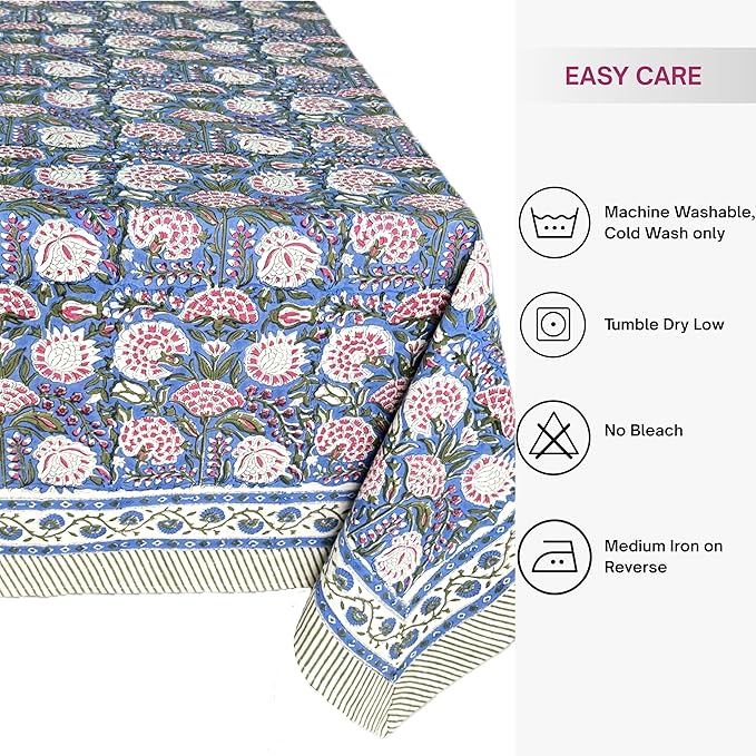 ATOSII Clover Pink 100% Cotton Rectangle Boho Fall Tablecloth, Handblock Floral Table Cloth Linen for Kitchen Dining I Parties Wedding Outdoors Christmas Thanksgiving I 72 X 120 Inches I 10 Seater