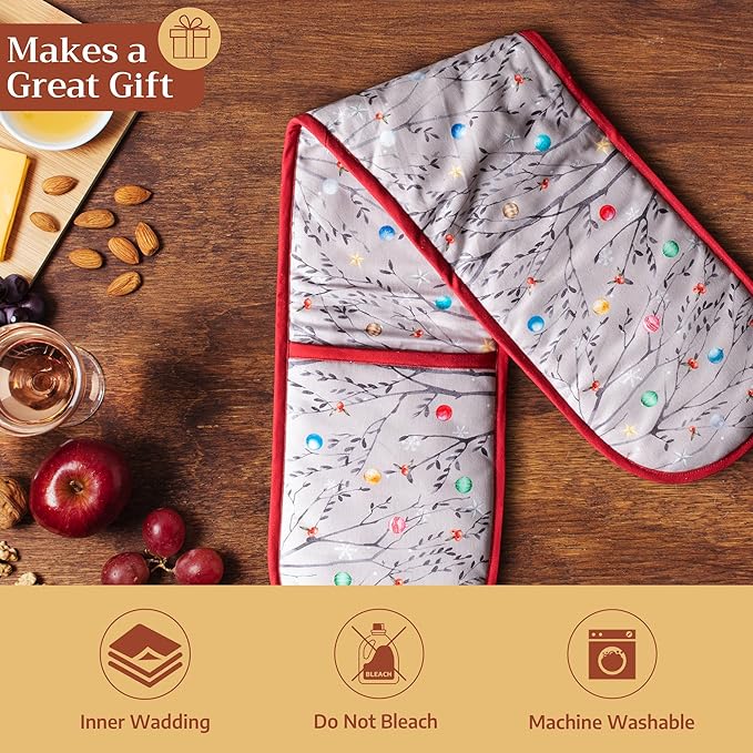 Maison d' Hermine Double Oven Mitt (7" x 35") 100% Cotton Heat Resistant BBQ Cooking Gloves with Loop for Thanksgiving Christmas Decorations Baking Cooking Barbeque Handling Hot Pan (Fairy Christmas)