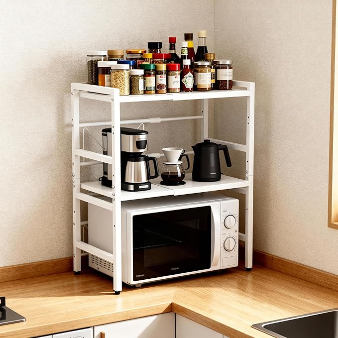 Microwave Oven Rack, Microwave Shelf Expandable Microwave Stand Countertop Kitchen Utensils, Bakers Rack, Carbon Steel Over Microwave Shelf Countertop with 6 Hooks (White, 3 Tier)