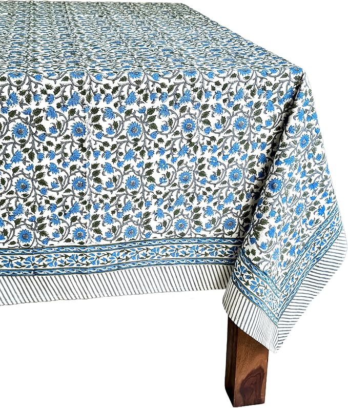 ATOSII Lake Como 100% Cotton Rectangle Fall Tablecloth, Handblock Floral Linen Table Cloth for Kitchen Dining Table I Parties Weddings Outdoors Easter Picnic I 60 X 90 Inches I 6 Seater