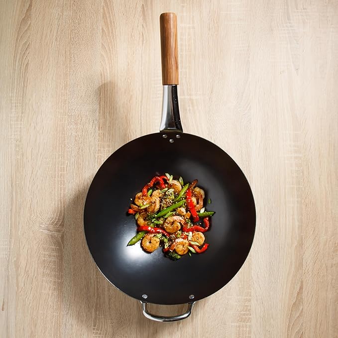 SUR LA TABLE Kitchen Essentials Quick Fire 13.5" Carbon Steel Flat Bottom Wok – Durable Nonstick Stir Fry Pan