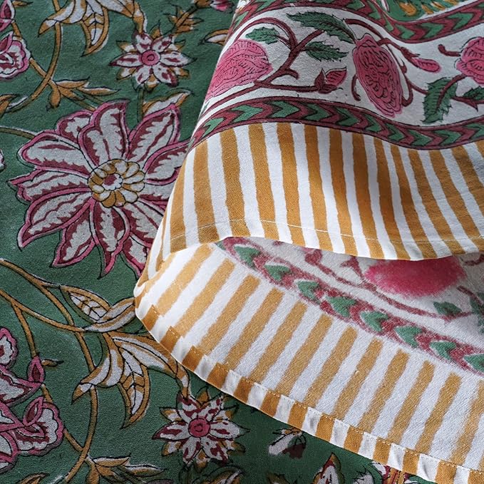 Ridhi Block Print Round Hunter Green Reusable Tablecloth 100% Cotton 60" Inch Decorative Table Cover eveyday Dining, Home, Party, Wedding, Farmhouse Gift for Spring, Easter, Valentine