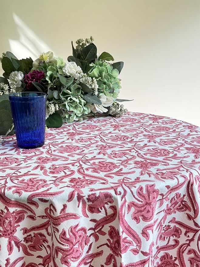 ATOSII Red Bloom 100% Cotton Round Tablecloth, Handblock Print Floral Table Cloth for Kitchen Dining Linen I Parties, Weddings, Outdoors, Easter, Thanksgiving I Fall Home Decor 72" Inches Round