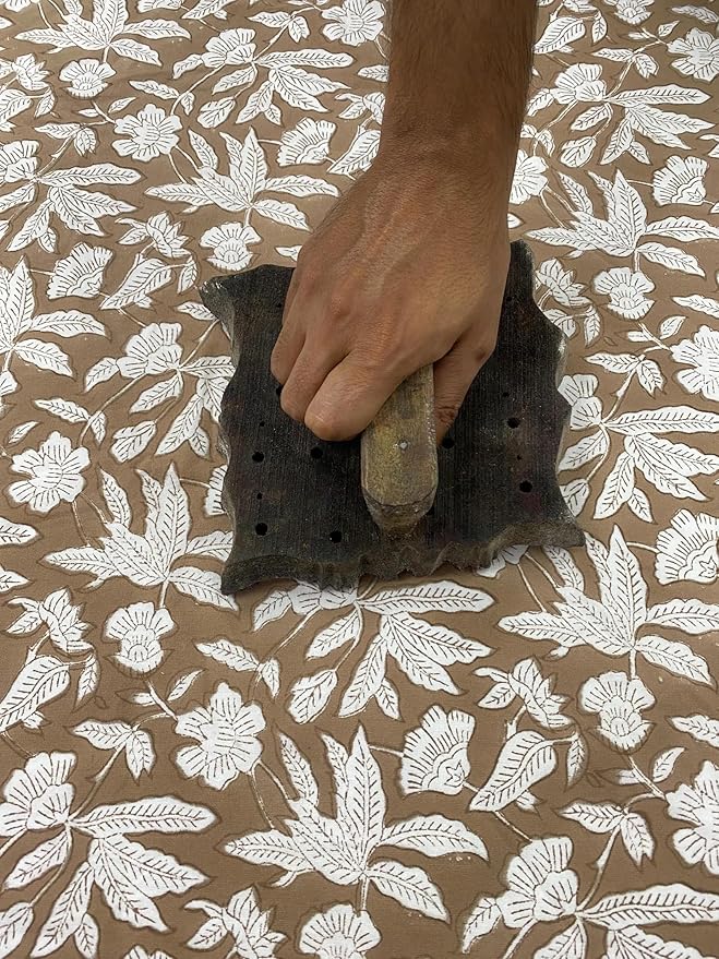 Ridhi Block Print Round Oak Brown Reusable Tablecloth 100% Cotton 110" Inch Decorative Table Cover eveyday Dining, Home, Party, Wedding, Farmhouse Gift for Spring, Easter, Valentine