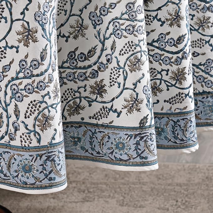 Ridhi Block Print Round Baby Blue Eyes Reusable Tablecloth 100% Cotton 110" Inch Decorative Table Cover eveyday Dining, Home, Party, Wedding, Farmhouse Gift for Spring, Easter, Valentine