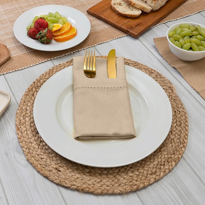 Blue Needles Set of 12 Hemstitch Linen Napkins 100% Cotton Beige Cloth Dinner Napkins 18x18 inches, Soft, Reusable, Absorbent, Washable, Ideal for Wedding Events, Parties & Everyday Use