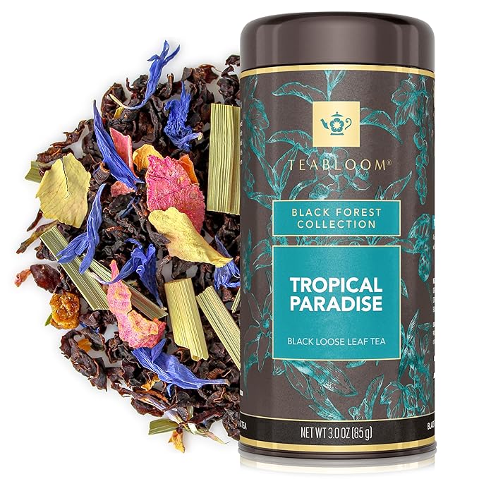 Teabloom Tropical Paradise Loose Leaf Black Tea with Mango & Pineapple | Bold Tropical Flavor | Canister Makes 35–50 Cups | Gift-Ready Reusable Tin