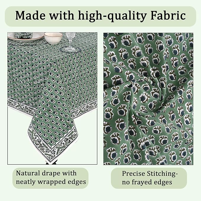 Ridhi Hand Block Print Basil Green Rectangle Cotton Tablecloth 90" x 60" Reusable Table Cover Decorative Everyday Use for Dining, Farmhouse, Home Gift for Spring, Easter, Valentine