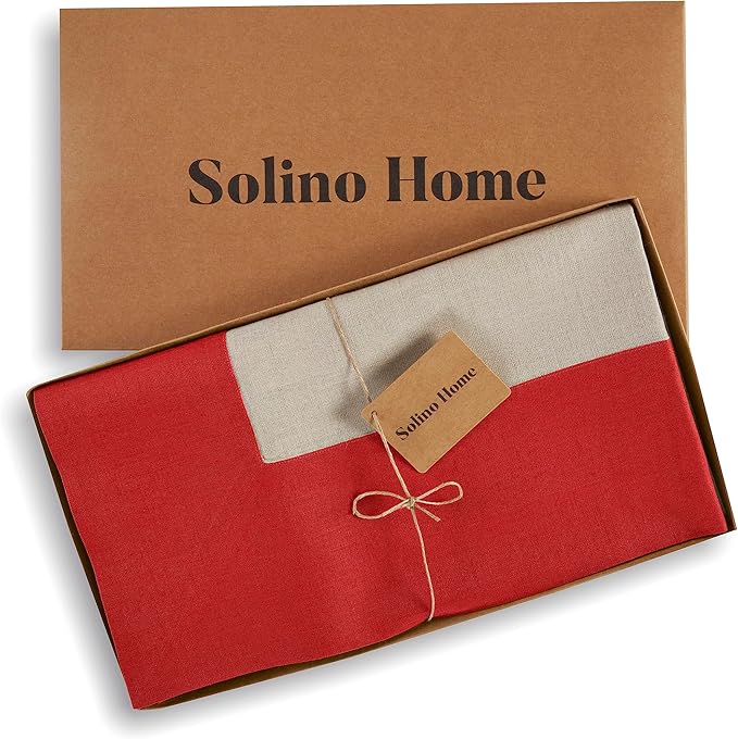 Solino Home Linen Tablecloth 60 x 120 Inch - 100% Pure Linen Red and Natural Rectangular Tablecloth - Machine Washable Table Cloth for Valentines - Contempo