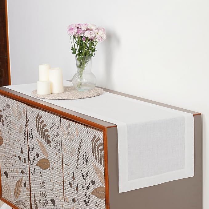 D'Moksha Homes Linen White Table Runner 120 Inches Long - 100% Pure Linen Dining Table Runner 14 x 120 Inch for Valentines, Spring, Easter - Machine Washable