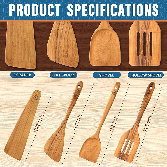 Wooden Kitchen Utensil Set of 4, Natural Wood Spoons and Spatulas, Non Toxic Eco Friendly Durable Wooden Turner and Spatula Set for Cooking. Perfect kitchen cooking utensils.