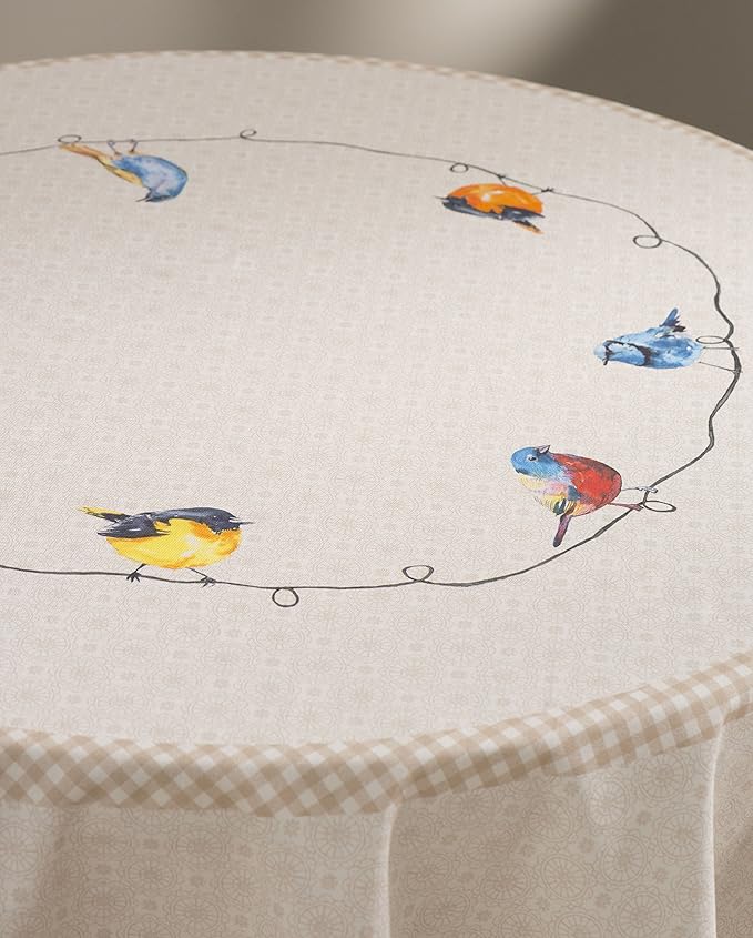 Maison d' Hermine Table Cloth Round Table 100% Cotton 69 Round Inches Tablecloth Reusable Decorative for Dining Room Farmhouse Home Valentines Day Decorations Spring Summer - Birdies on Wire