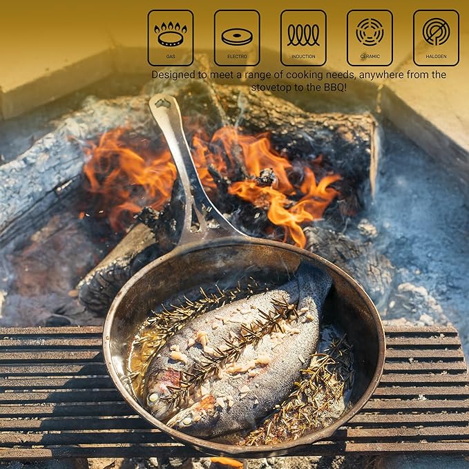 SOLIDTEKNICS AUS-ION Lightning Long Handle Skillet with Lil Flippa & Pan Scraper, 9.5 Inch Naturally Seasoned Versatile Iron Pan for Everyday Frying, Camping, BBQ & Oven Safe Cooking