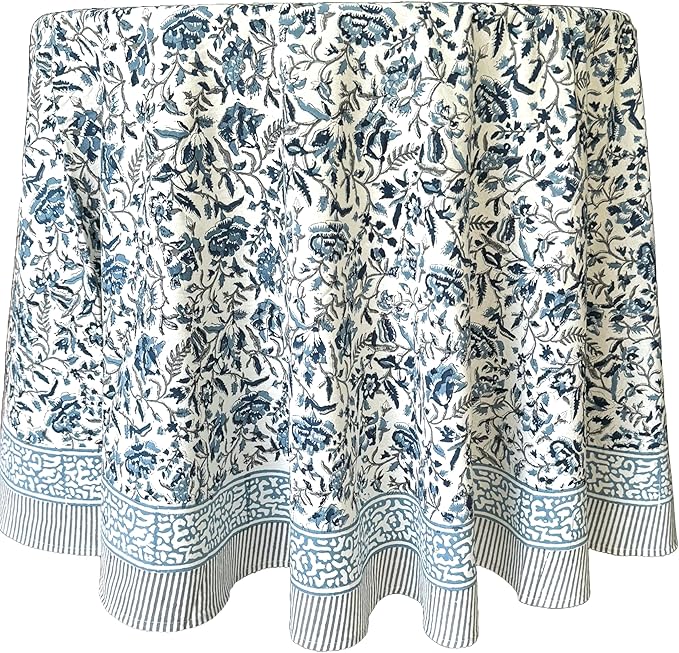 ATOSII Jodhpur Blue 100% Cotton Round Tablecloth, Handblock Print Floral Table Cloth for Kitchen Dining Linen I Parties, Weddings, Outdoors, Christmas I Fall Home Decor 72" Inches Round