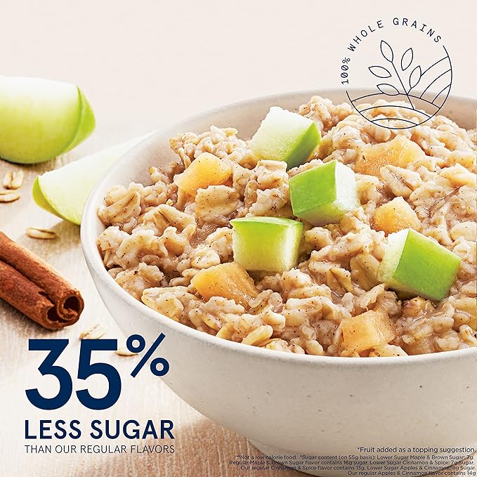 Quaker Instant Oatmeal Lower Sugar, 4 Flavor Variety Pack 44 Count (Pack of 1)