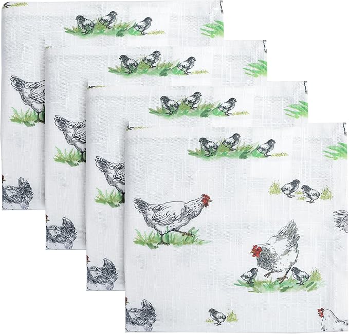 Vintage Vista Cotton Cloth Napkins Set of 4 (17" x 17") - Digital Printed Table Napkins Cloth Washable & Reusable for Everyday Use, Christmas, Thanksgiving, Halloween & More - (Green Chicken)