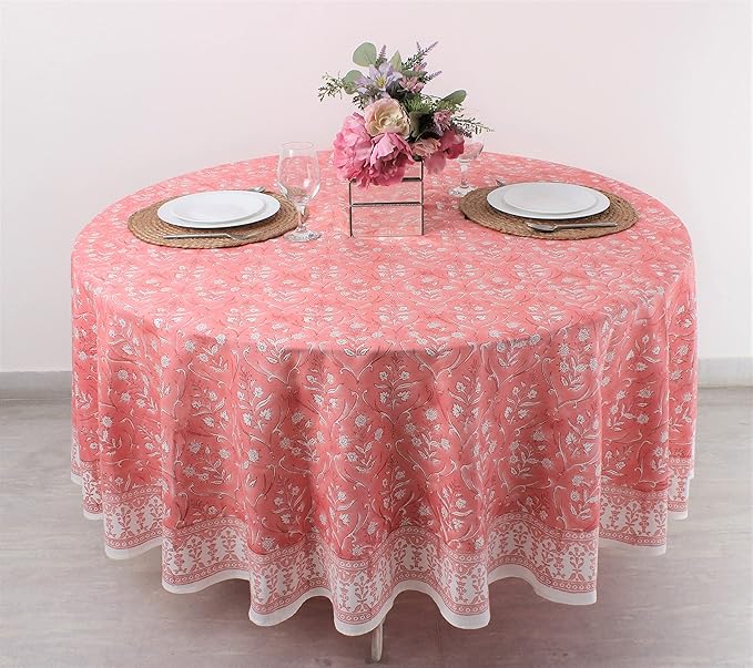Ridhi Block Print Round Sweet Pink Reusable Tablecloth 100% Cotton 132" Inch Decorative Table Cover eveyday Dining, Home, Party, Wedding, Farmhouse Gift for Spring, Easter, Valentine