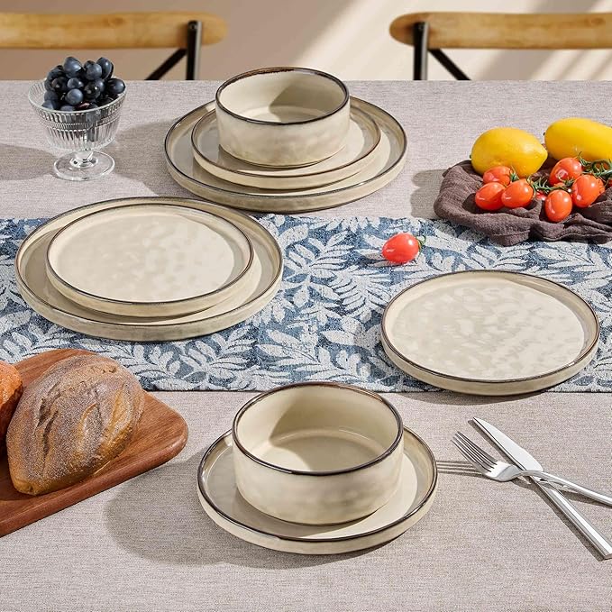 Herogo Dinnerware Dishes Sets, 18 Pieces Plates and Bowls Sets for 6, Kitchen Serving Dishes, Dishwasher & Microwave Safe, Cream Khaki