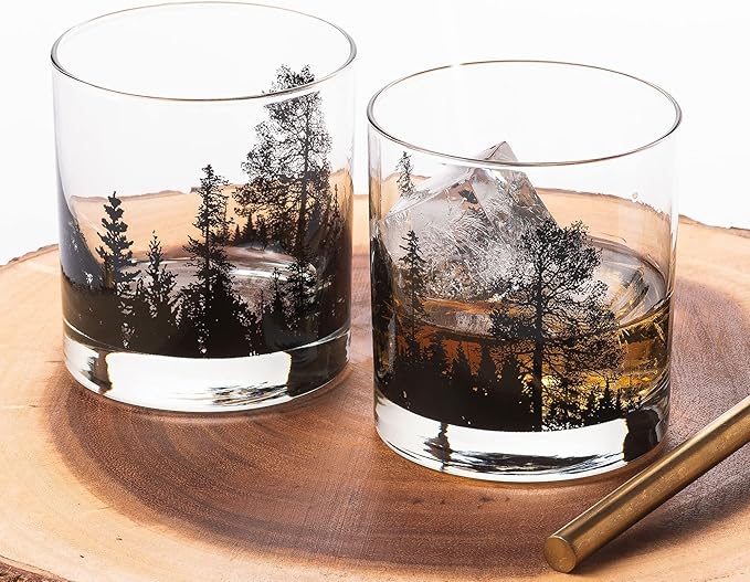 Black Lantern Single Whiskey Glass - Forest Landscape- 11oz. Low Baller Tumbler Solid Base - Bourbon Glass - Cocktail & Everyday Use Drinking Glasses for Nature Lovers (One 11oz. Glass)