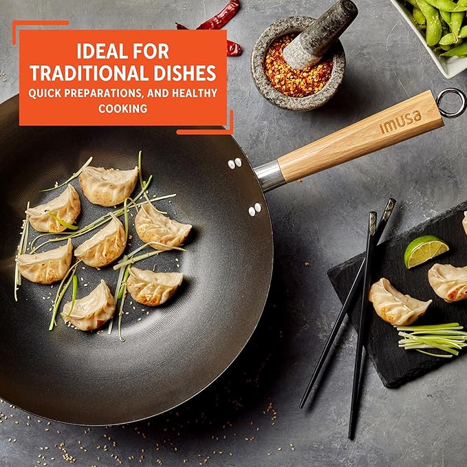 IMUSA 14in Carbon Steel Nonstick Wok with Wood Handles, Black