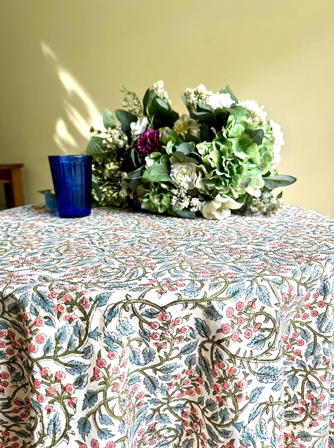 ATOSII Kalina 100% Cotton Round Tablecloth, Handblock Print Floral Table Cloth for Kitchen Dining Linen I Parties, Weddings, Outdoors, Christmas I Fall Home Decor 72" Inches Round