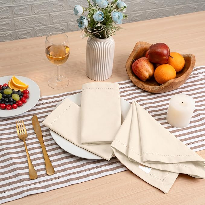 Blue Needles Set of 6 Hemstitch Linen Napkins 100% Cotton Cream Cloth Dinner Napkins 18x18 inches, Soft, Reusable, Absorbent, Washable, Ideal for Wedding Events, Parties & Everyday Use