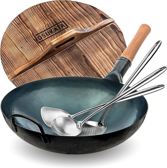 YOSUKATA Blue Round Bottom Wok Pan – 14" + Premium Wok Cover 14 inch Pan Lid + 17" Spatula and Ladle Skimmer Spoon
