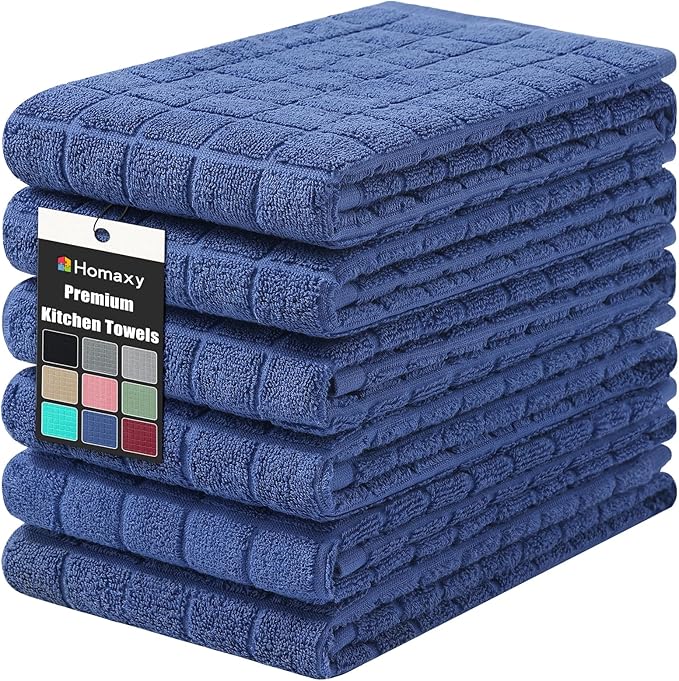 Homaxy Premium Cotton Kitchen Towels 16"x 28", Large Natural Ring Spun 390 GSM Dish Towels, Super Absorbent Terry Kitchen Hand Towels, Soft Tea Towels with Hanging Loop, Pure Navy Blue Design, 6 Pack