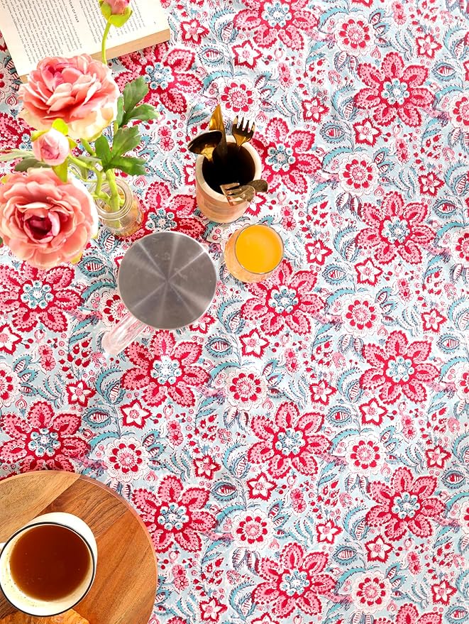 Hand Block Printed Table Cover - Exquisite Design, Premium Cotton Fabric, Perfect for Dining and Decor, Dining Table Linen (Scarlet Garden Grace, 12 Seater 72 x 135 Inches Rectangle)