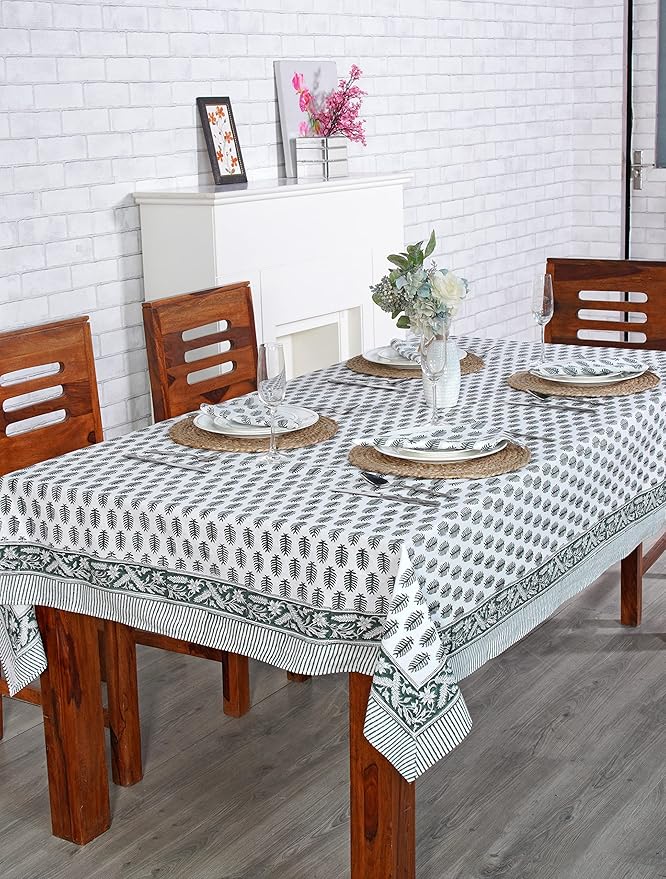 Ridhi Hand Block Print Emerald Green Rectangle Cotton Tablecloth 102" x 48" Reusable Table Cover Decorative Everyday Use for Dining, Farmhouse, Home Gift for Spring, Easter, Valentine