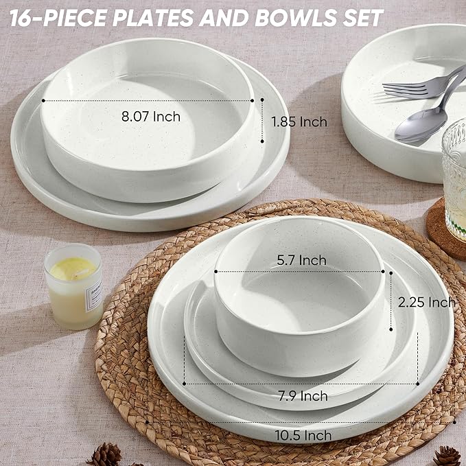 E-far 16-Piece Plates and Bowls Sets - Stoneware Dinnerware Sets with Pasta Bowls for 4 | Microwave & Dishwasher Safe Kitchen Modern Dish Set, Speckled White