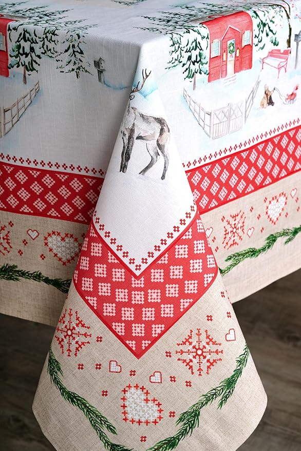Maison d' Hermine Table Cloth Rectangle Table 100% Cotton 70 x 108 Inches Fall Tablecloth Reusable Everyday Use for Thanksgiving Christmas Decorations Dining Farmhouse Party (Rural Christmas)