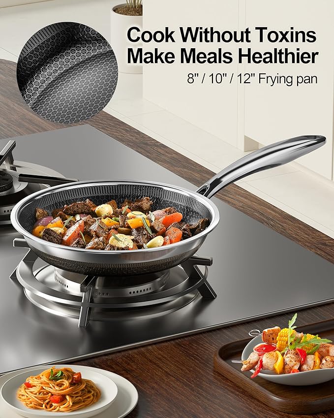 FogDream 8" 10" 12" Non Stick Frying Pans, Stainless Steel Skillet with Lid, Tri-Ply Stainless Steel for All Cooktops, Dishwasher and Oven-Safe Cooking Pan, Stay-Cool Handle, Silver