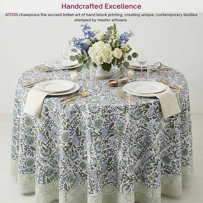 ATOSII Clover Blue 100% Cotton Round Boho Fall Tablecloth, Handblock Floral Table Cloth Linen for Kitchen Dining I Parties Weddings Outdoors Christmas Thanksgiving I 90" Inches Round I 6-8 Seater