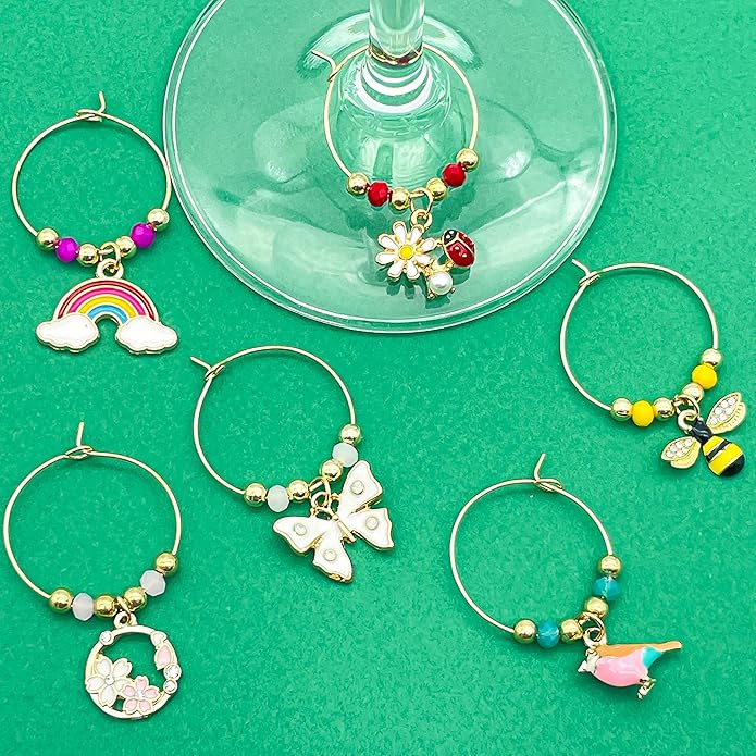 Serendipity Spring Wine Glass Charms, Table Decor, Set of 6 Gold Enameled Colorful Stemware Glass Identifiers, Bumble Bee, Ladybug, Cherry Blossom, Rainbow, Butterfly, Bird