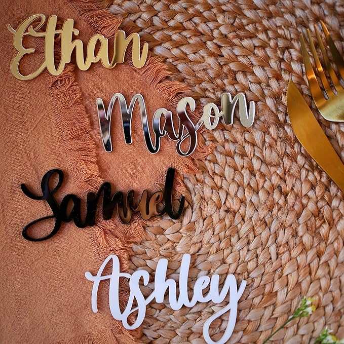 Customized Acrylic Name Tags for Place Setting, Personalized Place Cards for Weddings, Bridal Showers and Events, Cursive Laser Cut Seating Cards