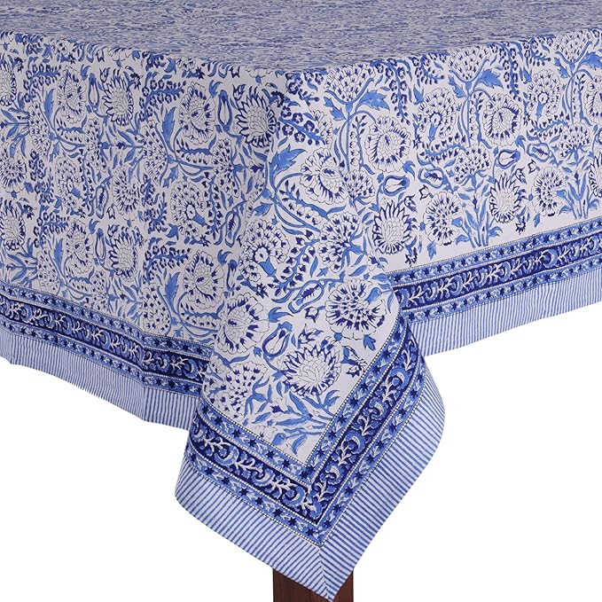 ATOSII Indigo Bloom 100% Cotton Tablecloth, Block Print Rectangle Table Cover for Dining, Parties, Weddings, Outdoors, Holidays, 60 X 90 Inches I 6 Seater I Grandmillennial Preppy Boho Farmhouse