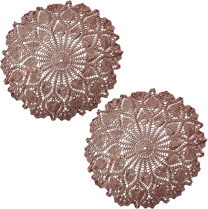 BIBITIME Lace Placemats Table Doilies Round Handmade Crochet Doily Kitchen Coffee Cup Mug Mats Dinner Place Mats (16 to 17.5 inches-2PCS, Coffee)