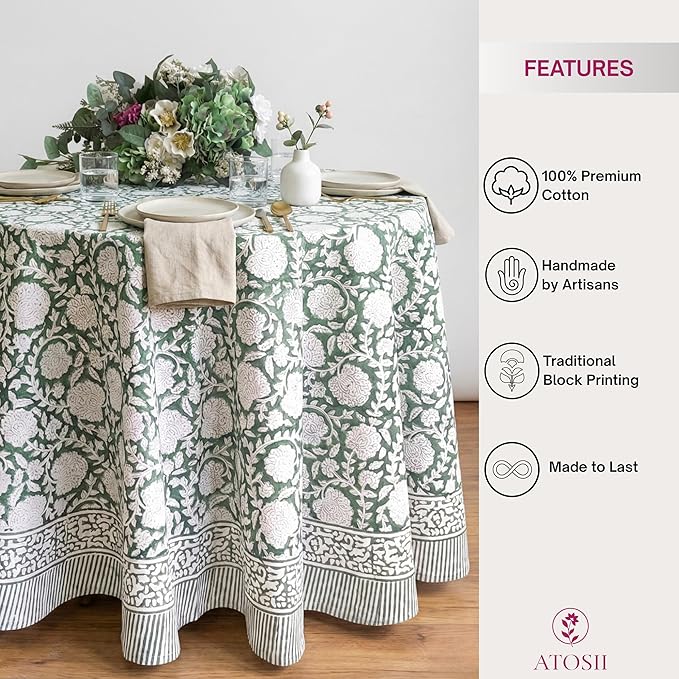 ATOSII Shalimar Green 100% Cotton Round Boho Fall Tablecloth, Handblock Floral Table Cloth Linen for Kitchen Dining I Parties Wedding Outdoors Christmas Thanksgiving I Fall Home Decor 90" Inches Round