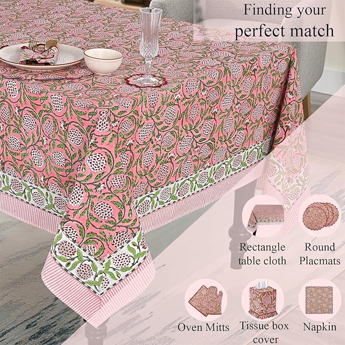 Ridhi Hand Block Print Strawberry Pink Rectangle Cotton Tablecloth 120" x 60" Reusable Table Cover Decorative Everyday Use for Dining, Farmhouse, Home Gift for Spring, Easter, Valentine