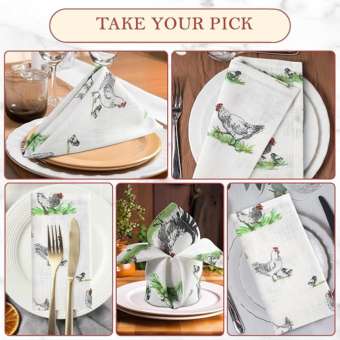 Vintage Vista Cotton Cloth Napkins Set of 4 (17" x 17") - Digital Printed Table Napkins Cloth Washable & Reusable for Everyday Use, Christmas, Thanksgiving, Halloween & More - (Green Chicken)