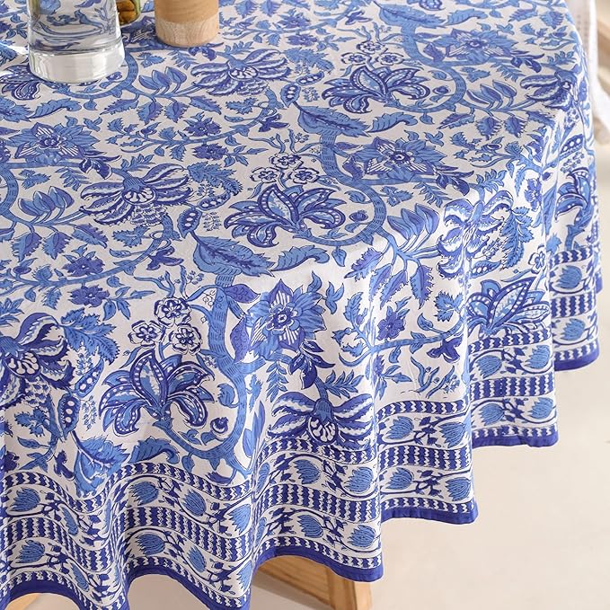 Hand Block Printed Table Cover - Exquisite Design, Premium Cotton Fabric, Perfect for Dining and Decor, Dining Table Linen(Midnight Blue,8 Seater 90 Inches Round)