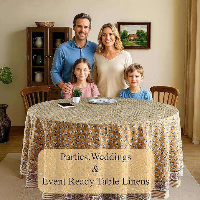 CPC Round Tablecloth- Cotton Indian Block Print Tablecloth -Handmade Printed Washable Cotton Table Cloth - Spring/Summer, Wedding Table Cover - Yellow Citrine 90 Inch