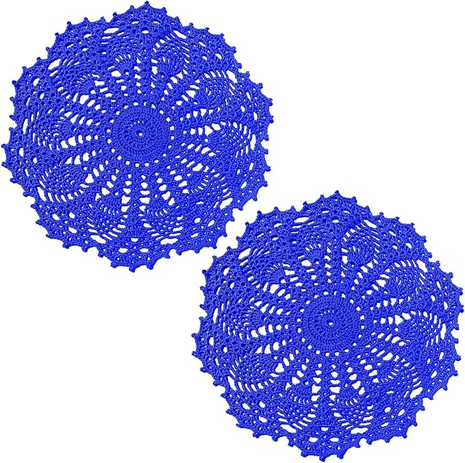 BIBITIME Lace Doilies Crochet Handmade Lace Coasters Round Placemat Rustic Table Doilies Decors for Kitchen Dining Room Party Dressers (11 inches to 12 inches,Pack of 2 PCS, Blue)