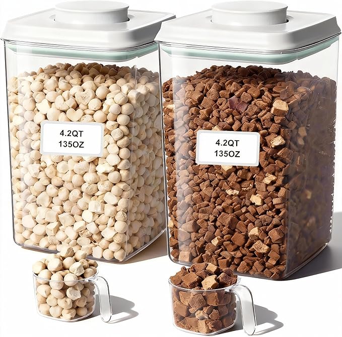 3-5 Lbs Dog-Cat Treat Container Pop Pet Food Storage Container for Kibble & Treats with 130ml / 0.13qt Measure Scoop, Stackable Pop Lid Plastic Container (4000ml / 4.2qt *2)