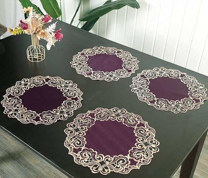 Decozen Set of 8 Doilies for Table, Lace Doilies - Rustic, Crochet, Farmhouse, Kitchen, Dining Table Centerpiece Decor - Round Christmas Placemats for Home 15 inch Gold Plum, The Granada Collection