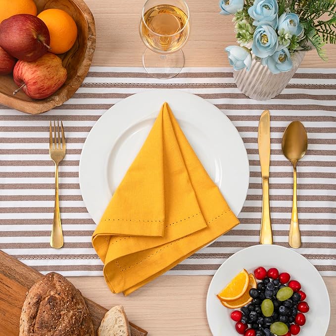Blue Needles Set of 12 Hemstitch Linen Napkins 100% Cotton Golden Yellow Cloth Dinner Napkins 18x18 inches, Soft Reusable Absorbent Washable, Ideal for Wedding Events, Parties & Everyday Use